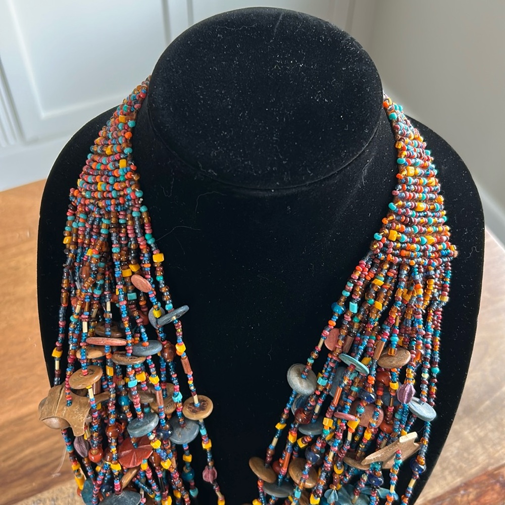 NWOT, Artisan Handmade 20 Strand Bib Necklace Made of Glass and Wood Beads, 24” - Picture 2 of 8